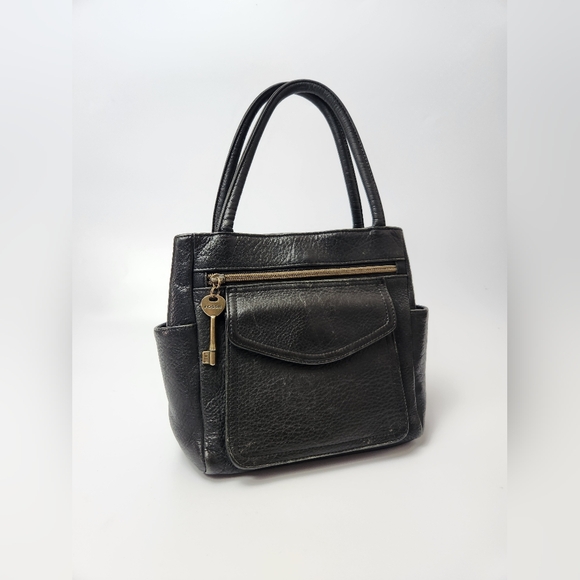Fossil Vintage Black Leather Small Satchel Handbag Purse Boho Bag With Bag Charm - Picture 1 of 13